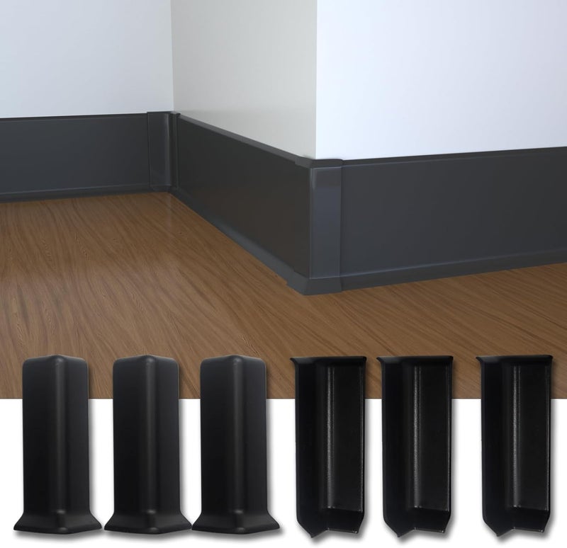 COUKIU Self Adhesive Baseboard Corner Blocks, 4inch(Width)3 Inside + 3 Outside Corners-Connector Between The Wall Base Cove Base Rubber Moulding Trim, Perfect Match for Our S100 Baseboard(Black) - Image 1